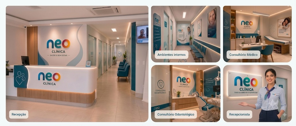 Estrutura da Neo Clínica com recepção, ambientes internos, consultório médico, consultório odontológico e recepcionista