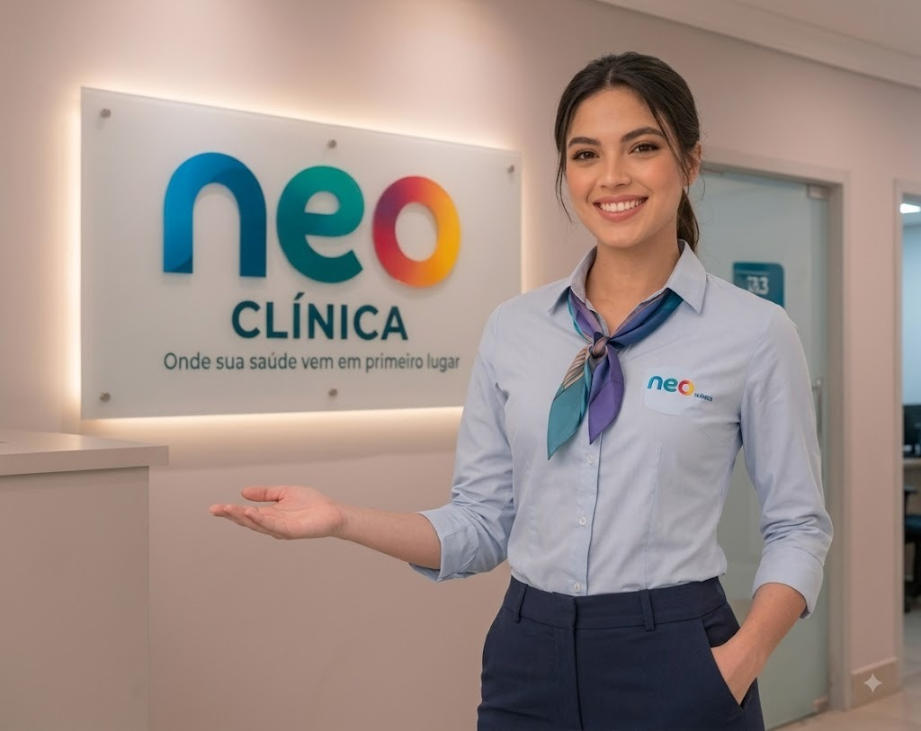 Recepcionista da Neo Clínica ao lado do totem de identificação